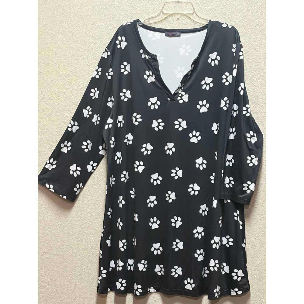 Azalea by Eirmiana Womens 4X Paw Print Tunic Top Black White 3/4 Sleeve V-Neck